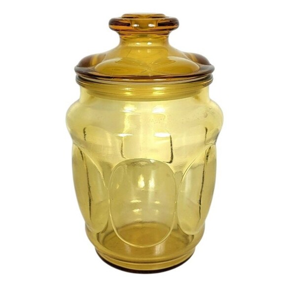 Vintage MCM Amber Glass Thumbprint Bubble Apothecary Canister Candy Jar 8" - Picture 3 of 12